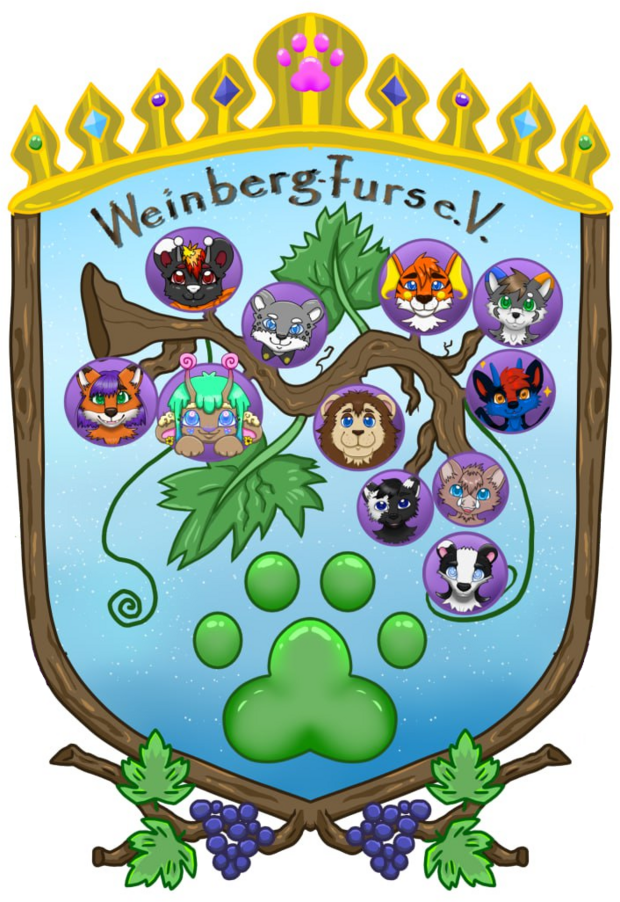 Logo der Weinbergfurs: die Avatare der Gründungsmitglieder sind an einer Traube auf einem gekrönten Wappen angeordnet, darüber steht der Vereinsname. Dieses wird von Weinreben eingerahmt.